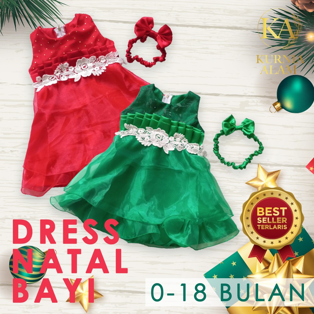 Gaun Natal Bayi 6 12 Bulan Dress Anak Hari Raya 10 Tahun Baju Christmas Natalan Model Terbaru 2023 GRATIS PITA Tutu Pesta Merry Chirstmas Satin Organdi KA73