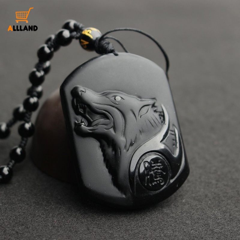 Kalung Rantai Jimat Liontin Kepala Serigala Warna Hitam Bahan Obsidian