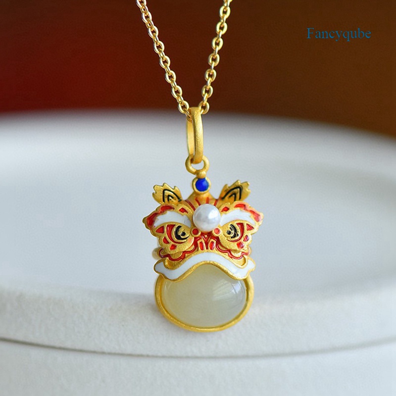 Fancyqube Kalung Liontin Giok Hetian Imitasi Warna Enamel Singa Gaya Cina Retro Untuk Wanita 2022