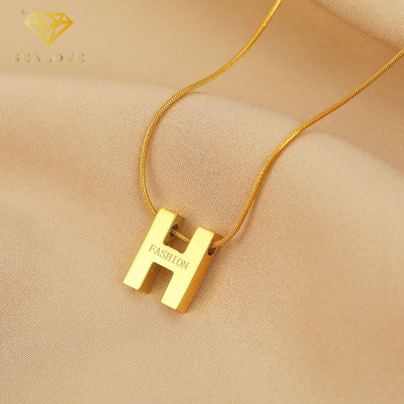 Kalung Titanium Wanita Anti Karat Simple Liontin Huruf H Necklace Emas 18k Aksesoris Korean Style COD