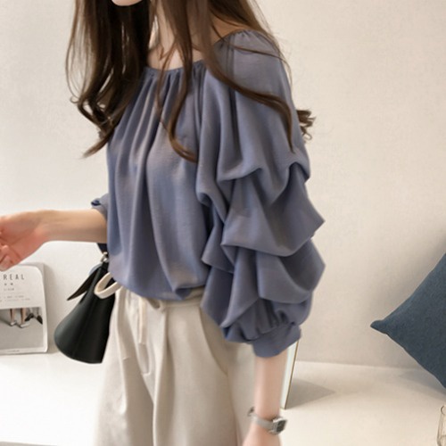 #Sisjuly# Wanita gaya Korea satu kata leher off-the-shoulder kemeja sifon longgar desain licik kemej