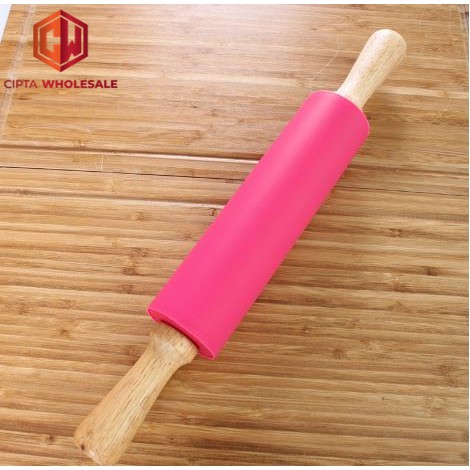 Rolling pin silicone with solid wood handle roller cake baking kue