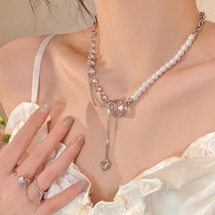 Kalung Wanita Dengan Liontin Kristal Mutiara Bentuk Hati Warna Pink Untuk Pesta Pernikahan