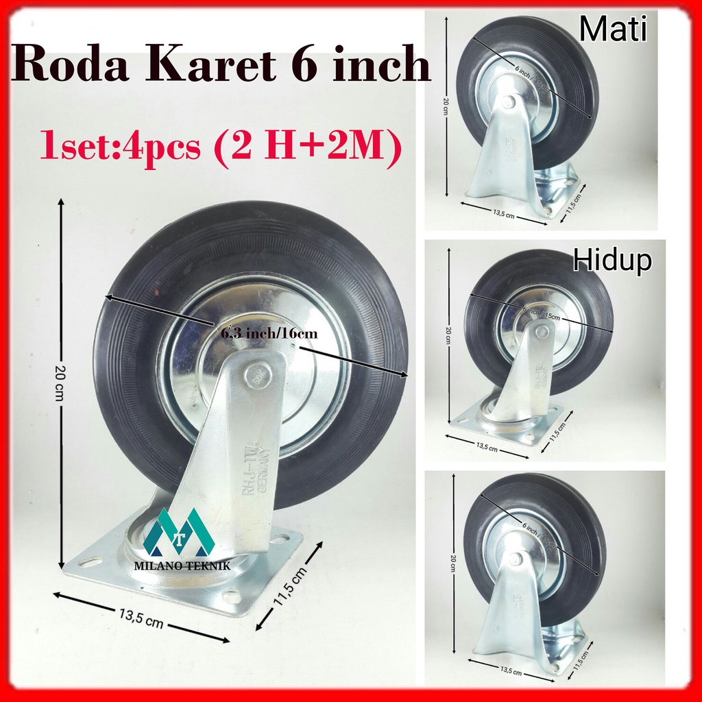 Roda troli 6inch (2H+2M) Roda Karet 6 inch Roda Gerobak Roda Etalase