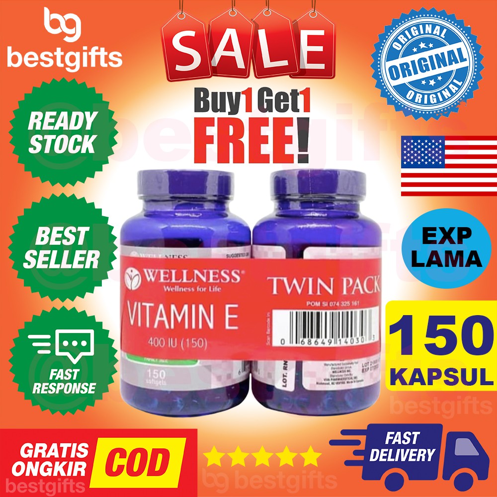 WELLNESS NATURAL VITAMIN E 400 IU 400IU ANTIOKSIDAN DAYA TAHAN TUBUH 150 KAPSUL (BUY 1 GET 1 PROMO)