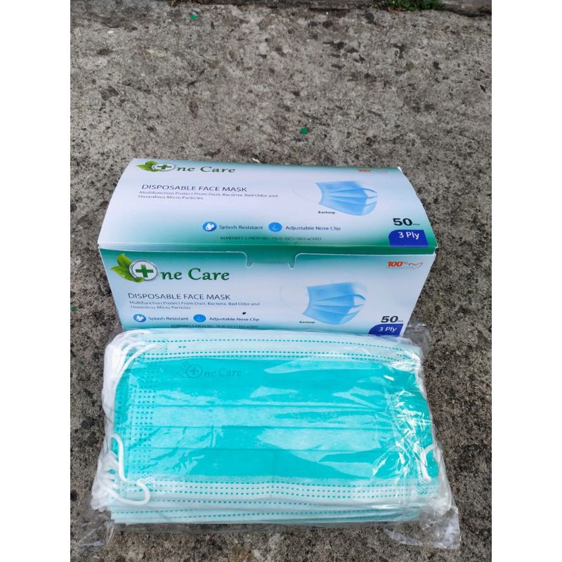 MASKER EARLOOP ONE CARE 3 PLY HIJAU TOSCA DISPOSABLE FACE MASK ISI 50 PCS