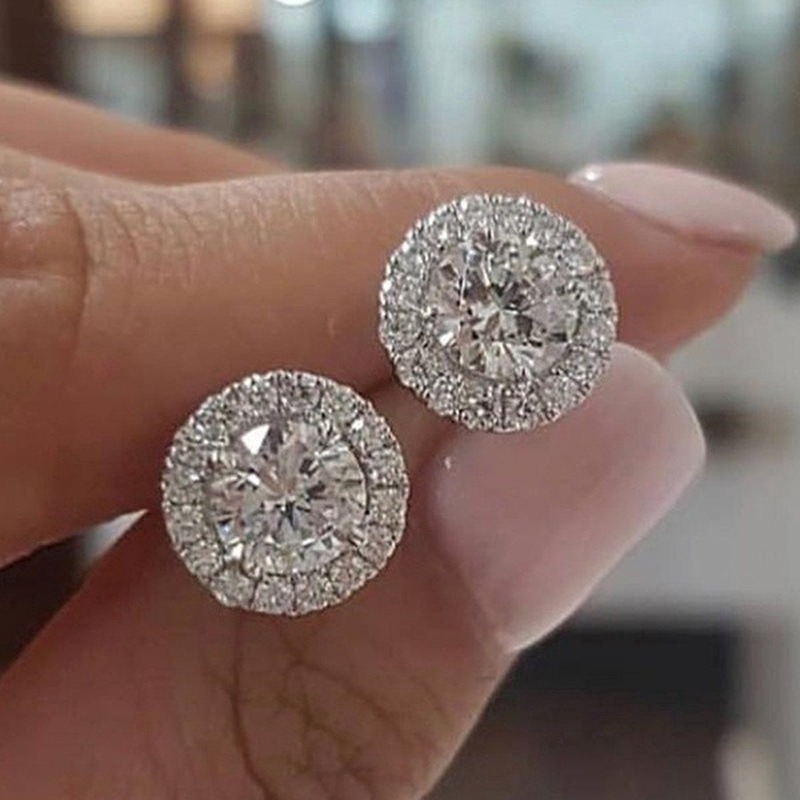 1 Pasang Anting Tusuk Platinum 18k Desain Bulat Hias Berlian Imitasi Untuk Wanita