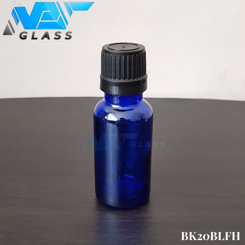 botol kaca 20ml tebal biru tebal tutup filler hitam