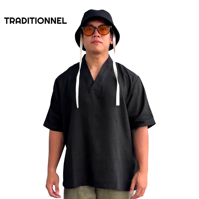 Baju Kemeja Linen Oversize V Neck Muslim Lebaran warna Hitam Hijau Putih Untuk Pria / Wanita - TRADI