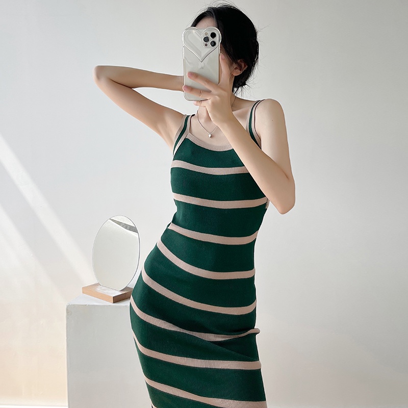 【Elegant】Korean Summer  Sexy Striped Knit Bodycon Midi Dress 7493