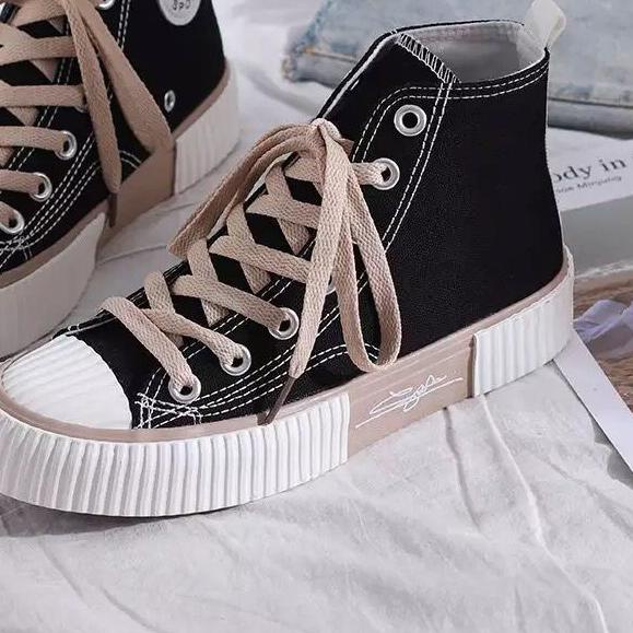 IDEALIFESHOES SEPATU CEWEK CANVAS HITAM MOTIF SIGNATURE KOREA STYLE SNEAKER PEREMPUAN TREND KANVAS T