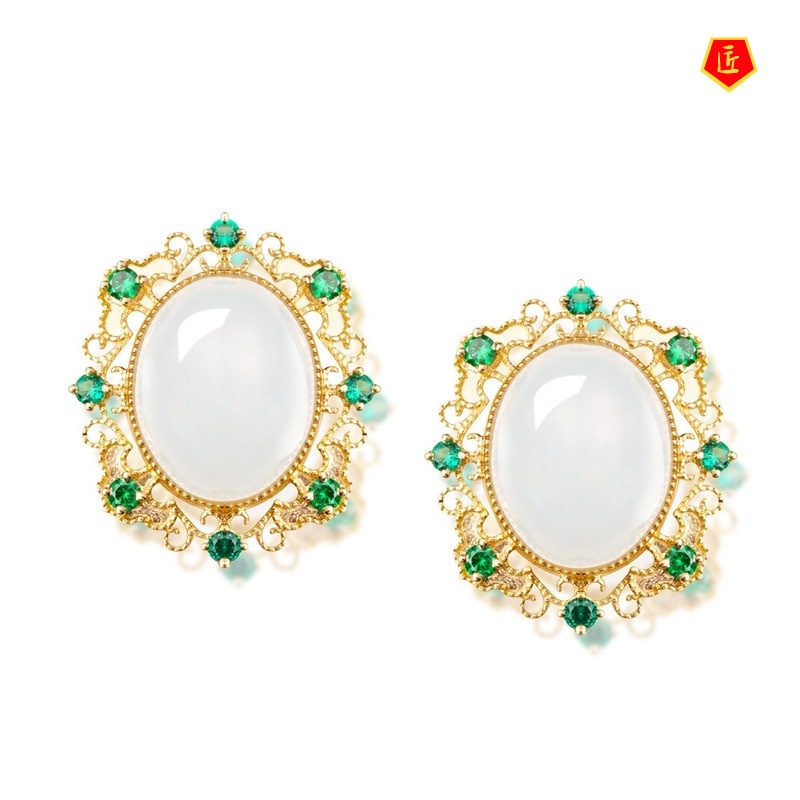 [Ready Stock]New Ear Studs White Jade Pendant Open Ring Set for Women