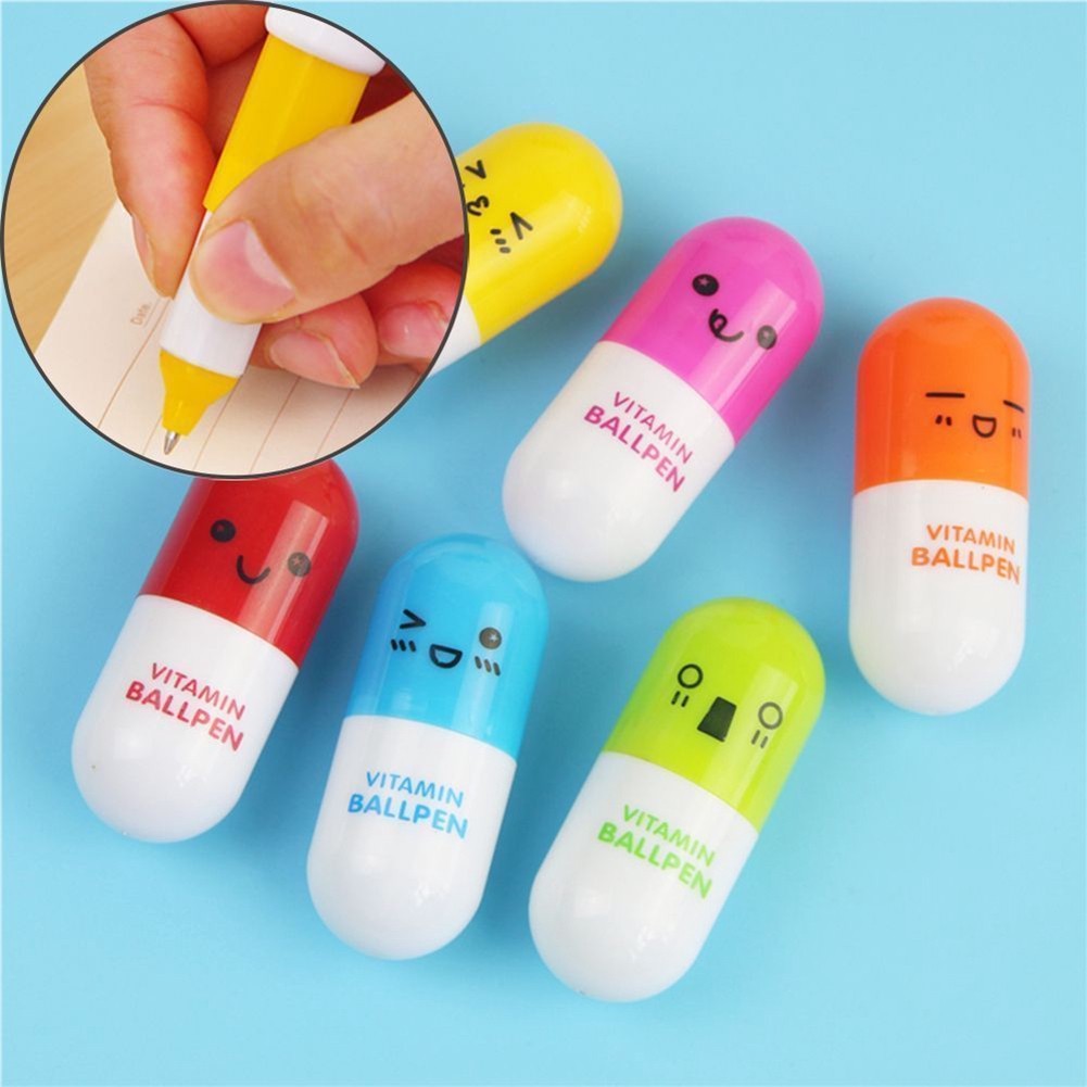 10buah Pil Berbentuk Pulpen Ditarik Bolpen Kartun Lucu Pil Stabilo Pena Wajah Tersenyum Kapsul Pena Perawat Apotek Mini Novelty Ballpoint Pen