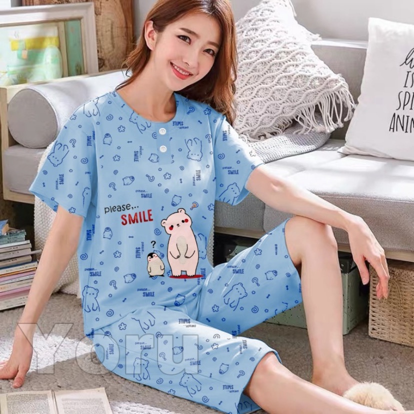 Pamelo Piyama 3/4 Baby Doll Murah Suplier Sleep Wear All Size Baju Tidur Wanita kaos Katun Stelan Stage2 Baju Tidur Murah Produk Terlaris-Please  smile Biru