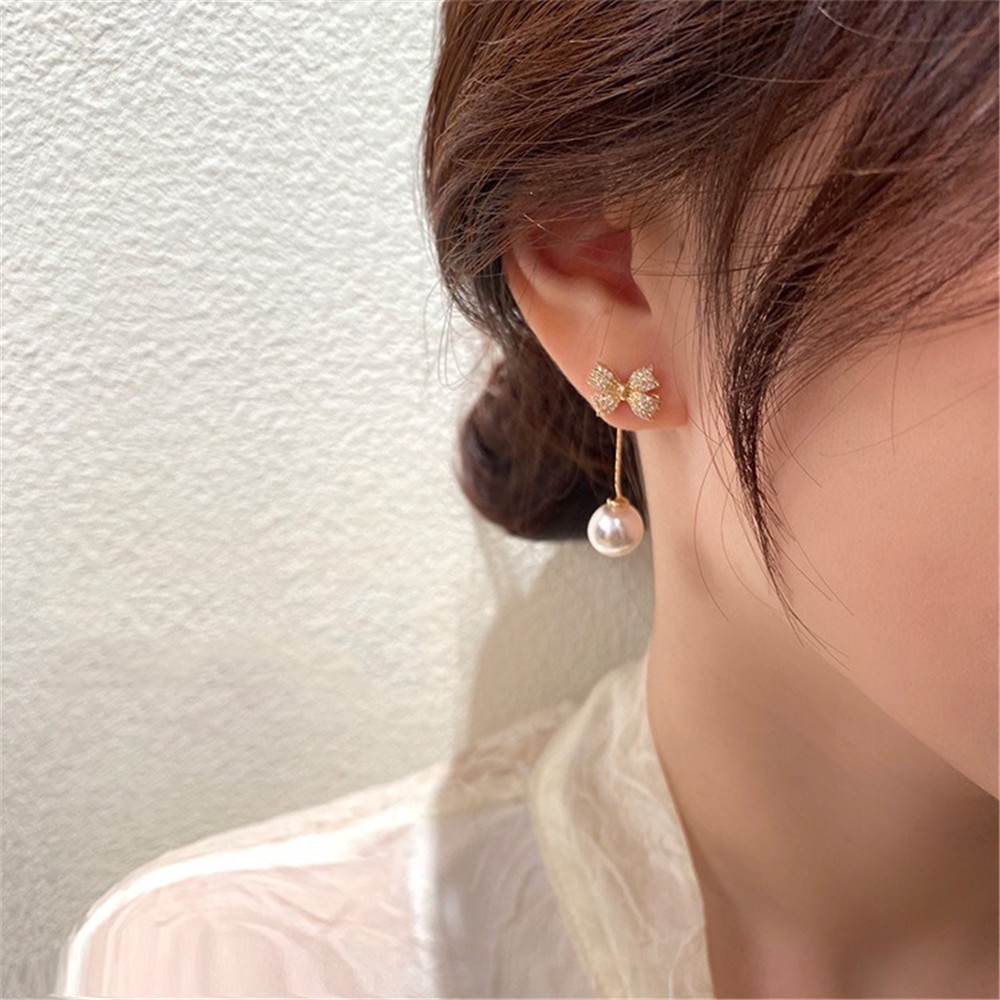 Anting Stud Model Pita Rumbai Aksen Mutiara Gaya Elegan Untuk Wanita