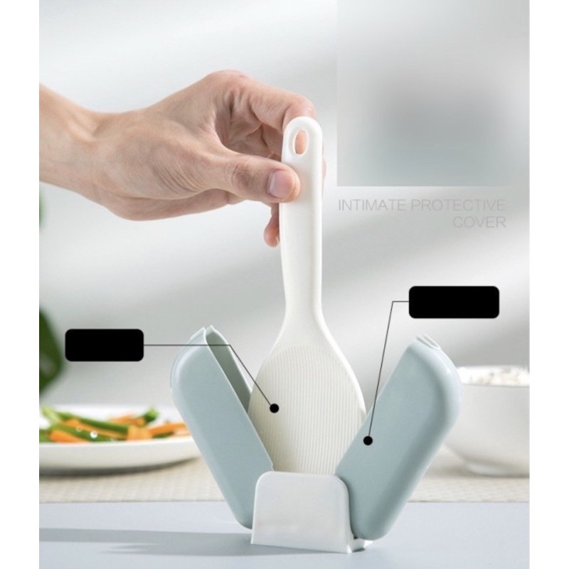 Centong Nasi Dengan Penutup Cover Otomatis Tempat Sendok Nasi Plastik Rice Spoon Buka Tutup Holder