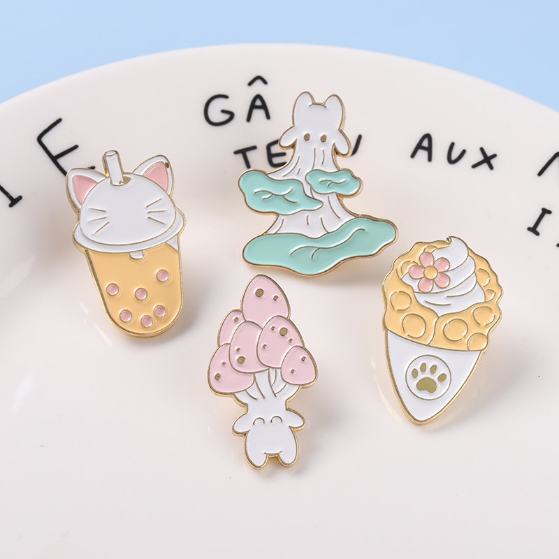 Food Enamel Pins Mushroom Ice Cream Boba Tea Cat Paw Brooches Bag Hat Lapel Pin Cartoon Badge Jewelry Gift Kids Girl