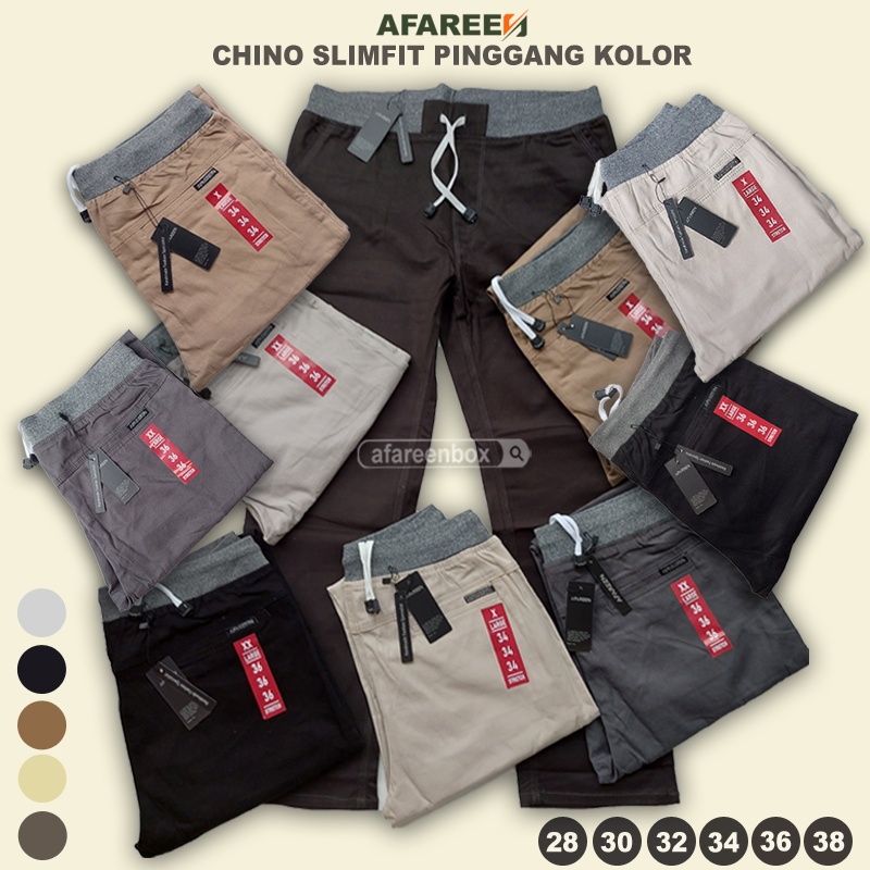 AFAREEN - Celana Chinos Panjang Pria Celana Chino Jumbo Stretch Melar Pinggang Karet Premium Size 27-38