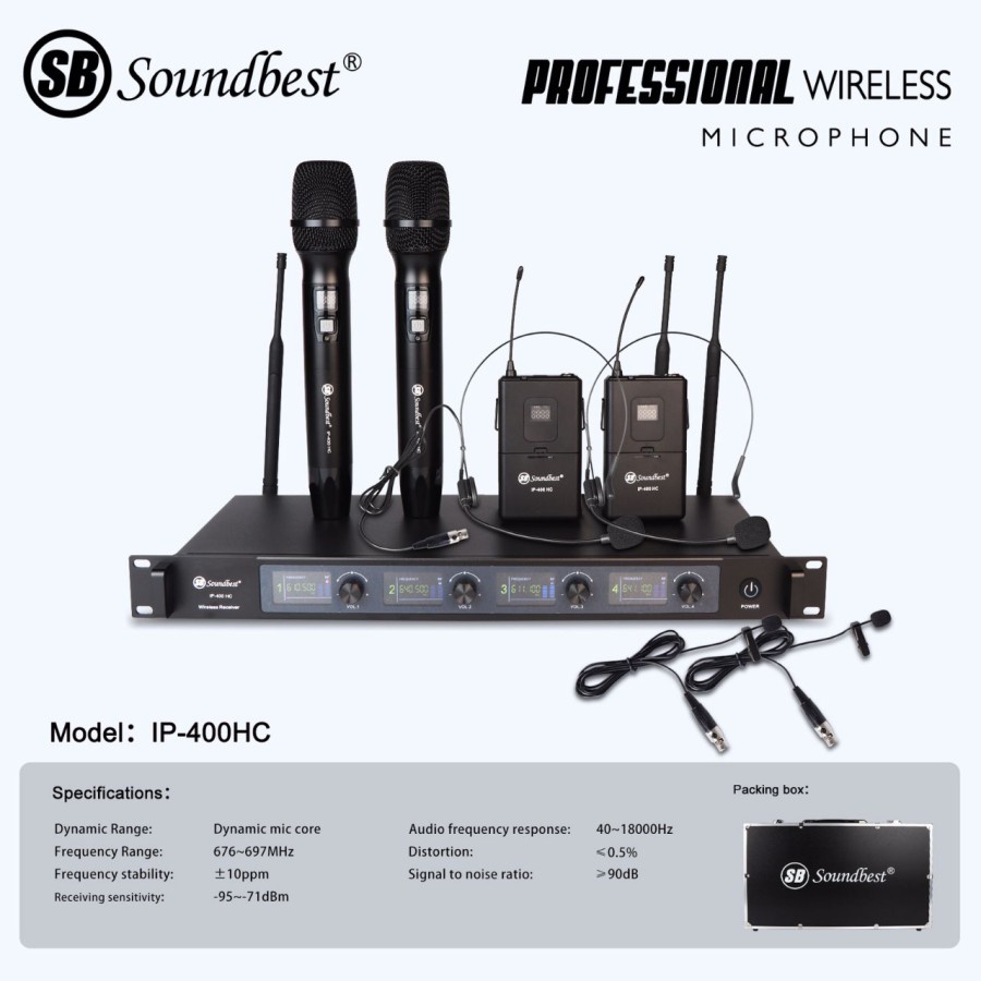 Microphone - Mic Wireless SOUNDBEST IP 400HC UHF 2 Handle 2 clip on Mic 4 channel Original