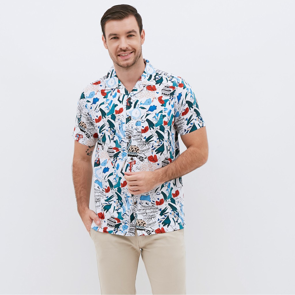 GTS Kemeja Pria Printing Hawaii Pendek Warna Putih 1800