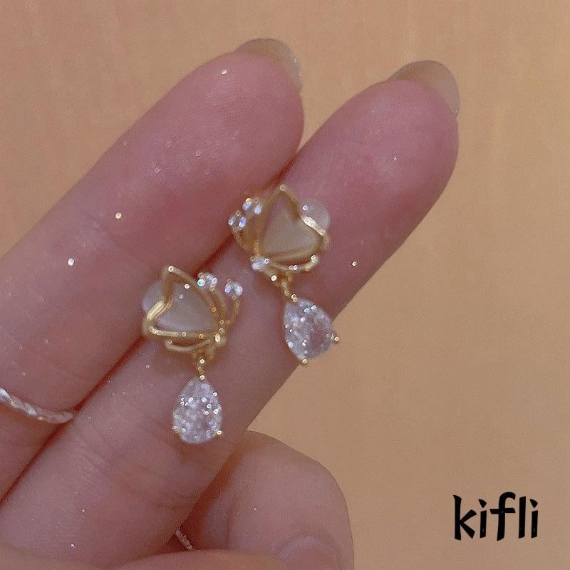 Anting Stud,Desain Kupu-Kupu Hati,Water Drop,Bahan Zirkon Opal,Untuk Wanita