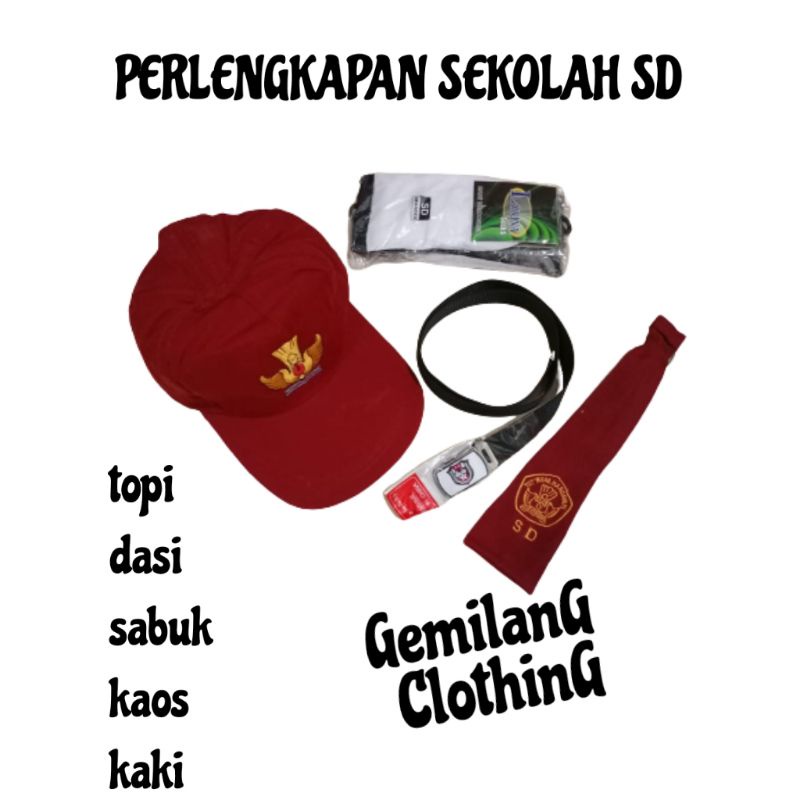 TOPI MERAH POLOS PLUS DASI SABUK DAN KAOS KAKI SD // GEMILANG CLOTHING