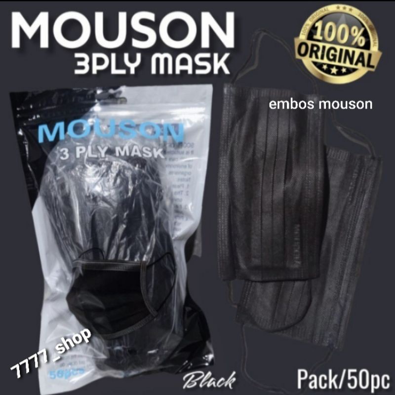 Masker earloop Hitam 3ply  (Full black), Hrg 1box isi 50pcs