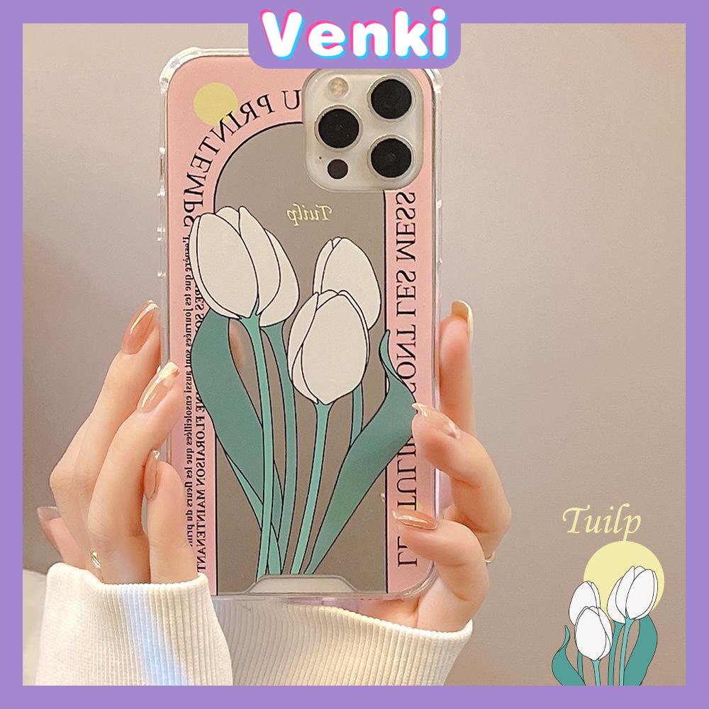 iPhone Case Acrylic Mirror Airbag Shockproof Protection Camera Cute Pink Tulip Flower Compatible For iPhone 11 iPhone 13 Pro Max iPhone 12 Pro Max iPhone 7 Plus iPhone x xr xs max