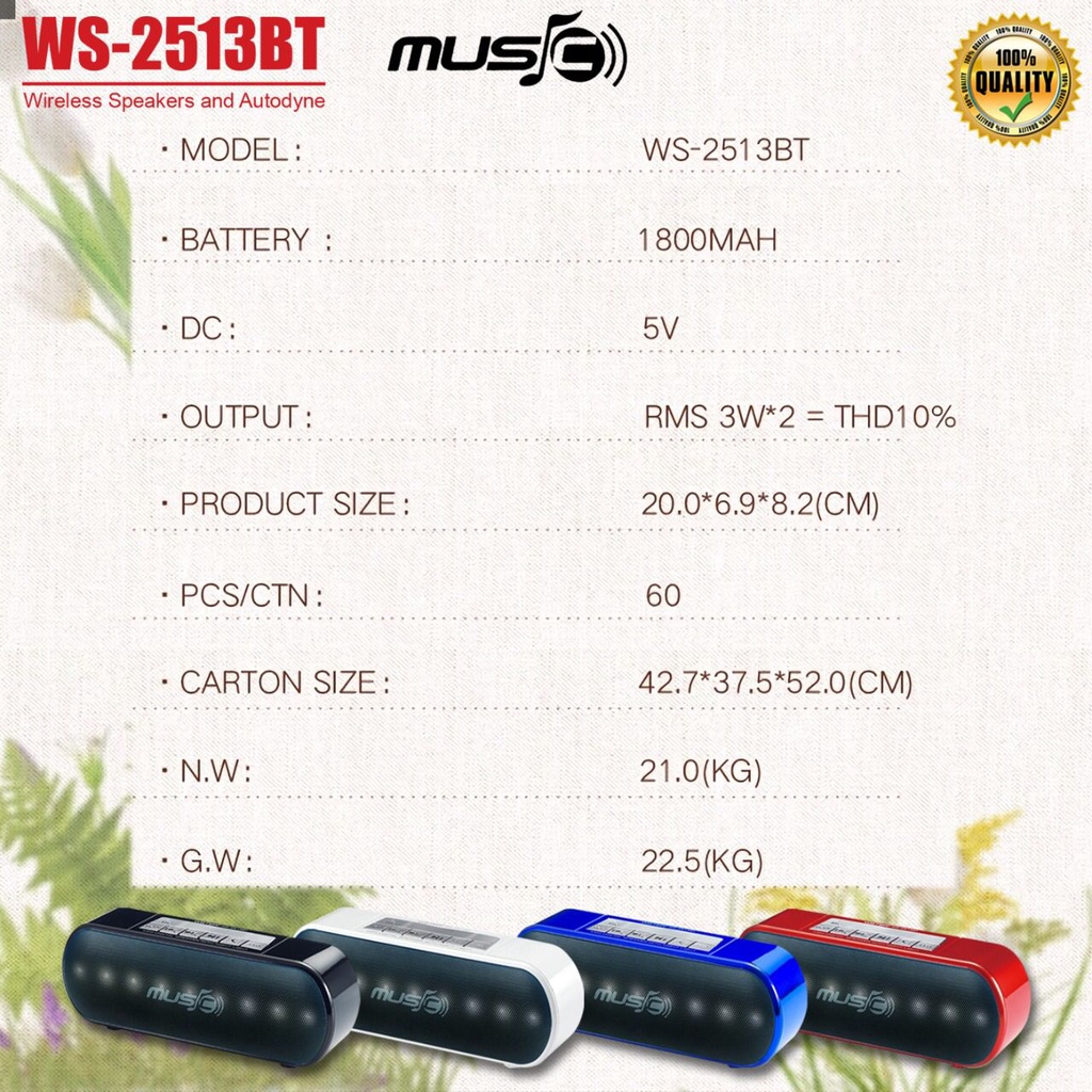 Speaker Bluetooth WSTER WS 2513 BT Speaker Wireless Portable Speaker Aktif LED Flashlight SUPER BASS High Quality