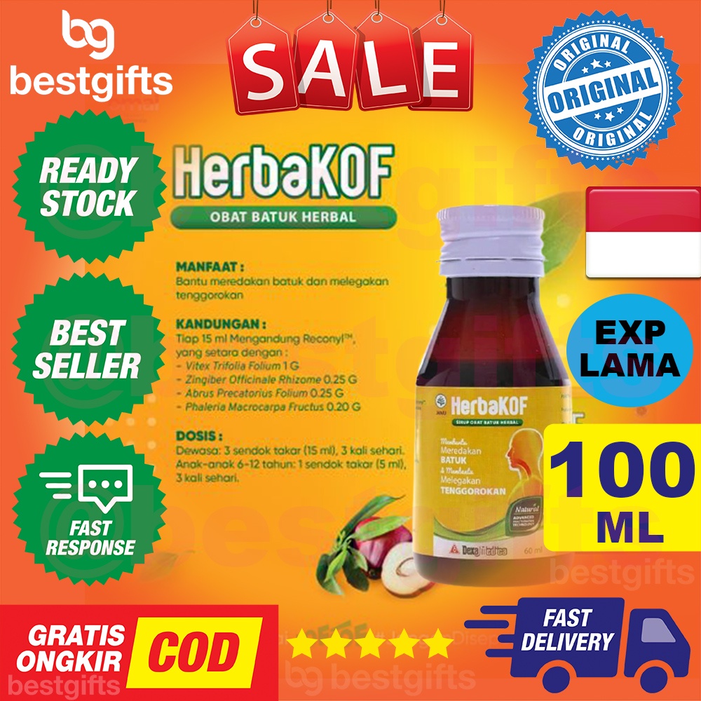 HERBAKOF SIRUP OBAT BATUK HERBAL HERBA KOF SYRUP DEWASA DAN ANAK MELEGAKAN RADANG TENGGOROKAN PERNAPASAN 100 ML