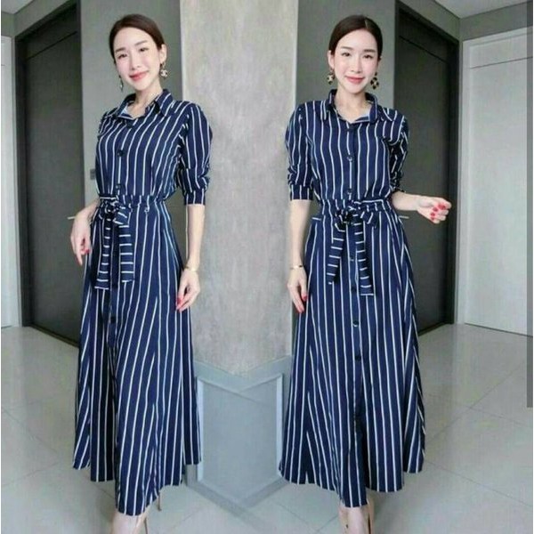 Pakaian Wanita f2sq maxi sandria gamis syari dress katun wanita cewek stripe garis salur navy gaun