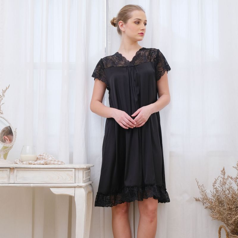 Ladybydiana NEW IRISH BLACK SLEEPWEAR Dress Wanita Baju Tidur Sexy Bahan Armany Silk Adem Nyaman Busui Friendly