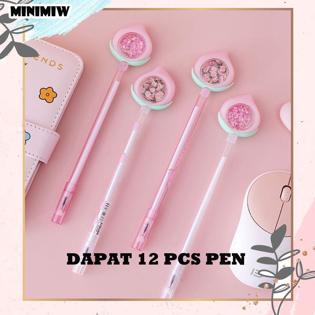 SELUSIN PEN PEACH ISI 12 PCS GLITTER LUCU GEL PEN KARAKTER UNIK MURAH PULPEN PENA BOLPEN