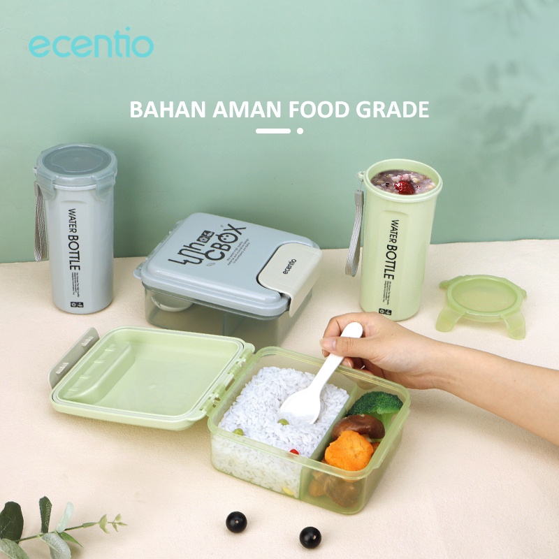 ecentio &amp; FOODI 2 Sekat Grid 1000ml Kotak Makan Set anak Lunch box 500ml botol/Lunch Box Set 2 Grid Kotak Bekal Makan Botol Minum Free Sendok Tempat Makanan anak kecil BPA free