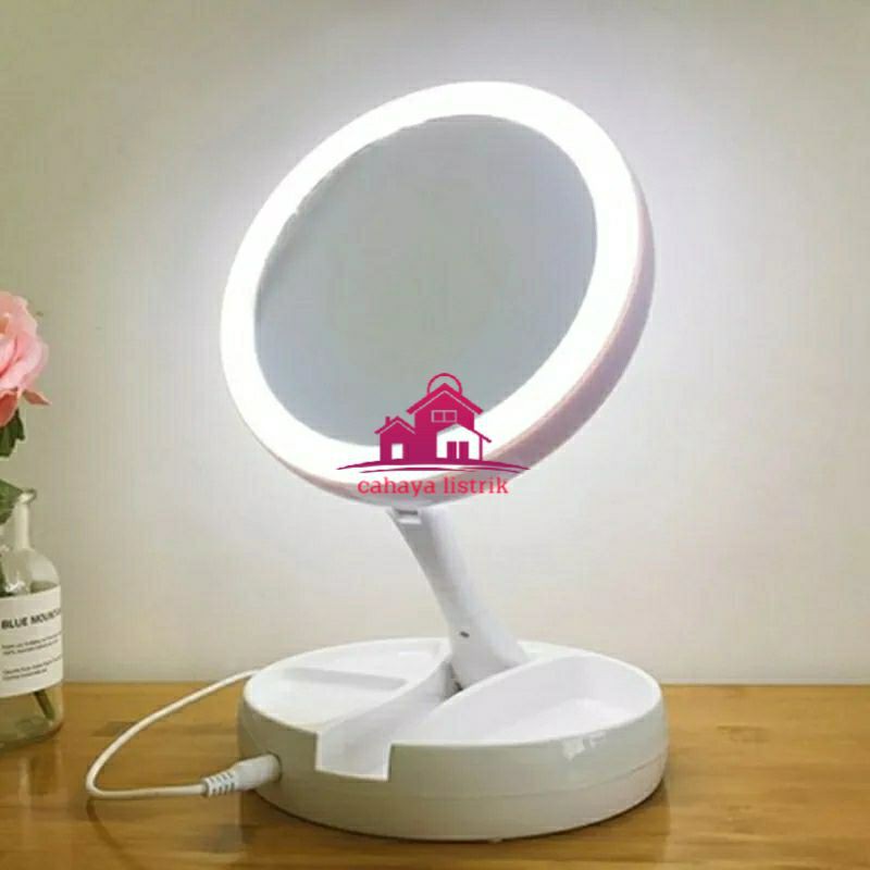 LED MIRROR CERMIN LAMPU TIDUR BULAT KACA RIAS DANDAN MAKEUP KOSMETIK PUTIH / PINK BAGUS TERANG