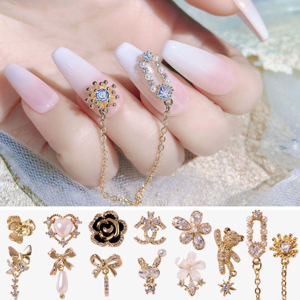 Agustina Kupu-Kupu Kuku Rhinestones Pesona Zirkon Bunga Mewah Nail Art Perhiasan Rantai Liontin Manicure Aksesoris