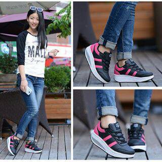 SEPATU KETS CASUAL SPORT SNEAKER WANITA TWO STRIP HITAM PINK