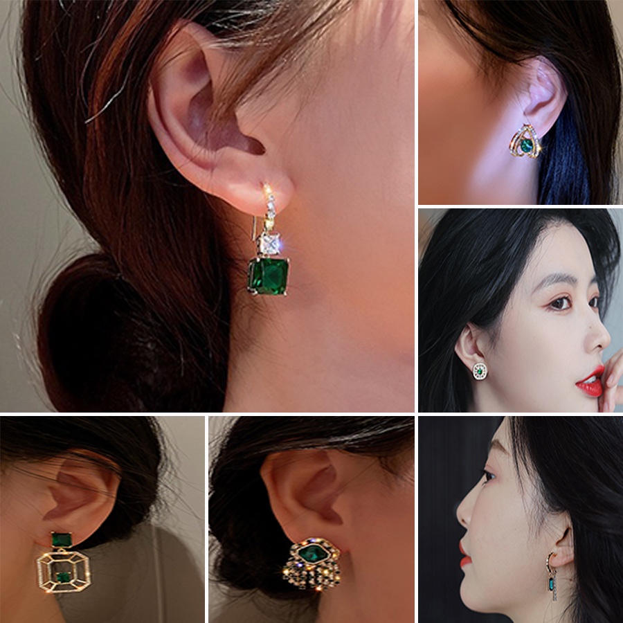 Fashion Geometric Hollow-out Micro-inlaid Zircon Rectangular Emerald Stud Earrings for Party Accessories