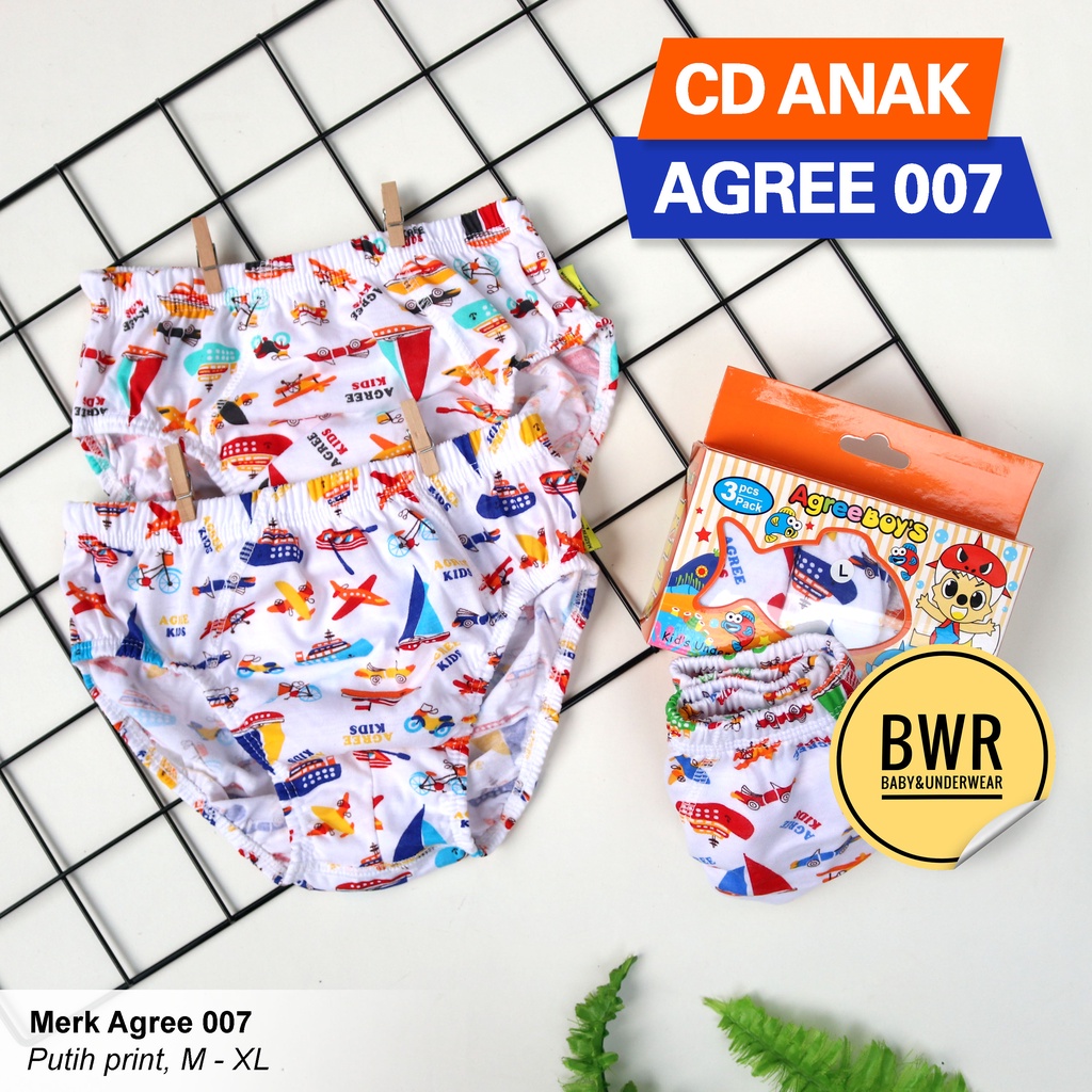 [ 3pc ] AGREE | CD Agree Kids 007 Putih Motif | Celana Dalam Anak Lembut Karet Kerut Box Orange