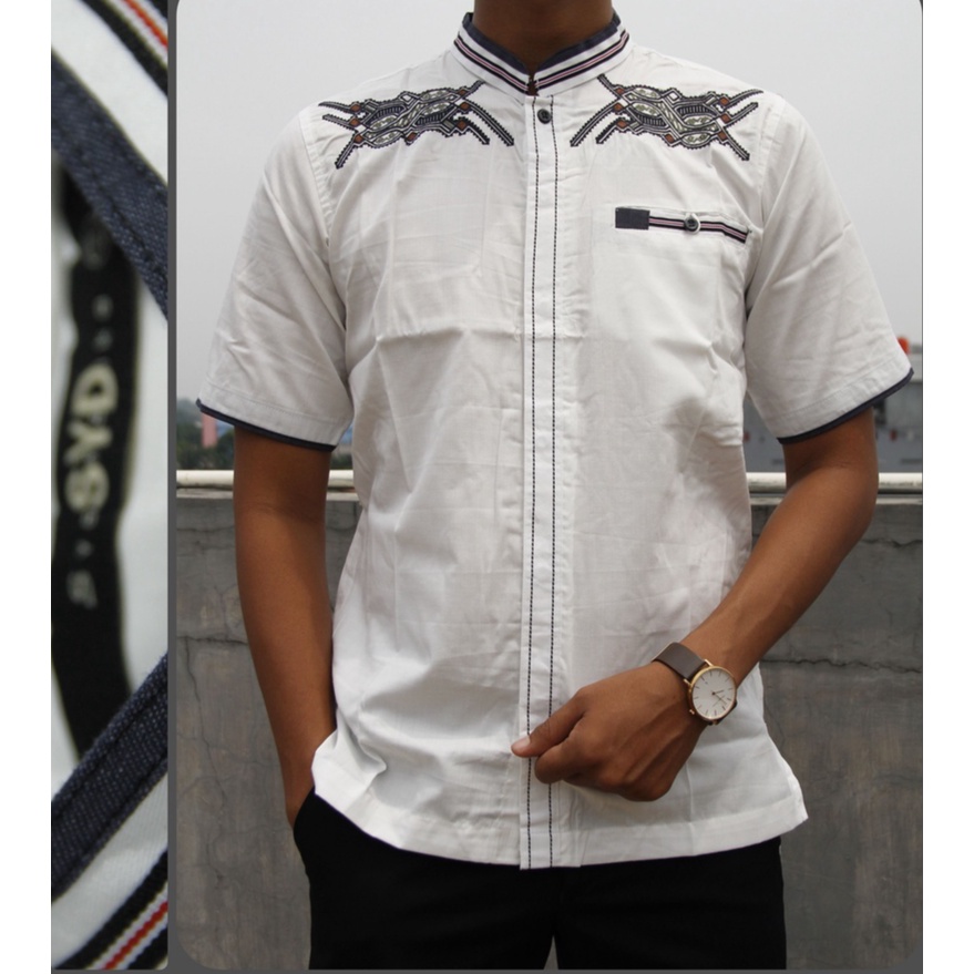 Baju Koko Pria Lengan Pendek Syahdika Putih Motif Bordir 13 | Pakaian Solat Pria | Baju Muslim