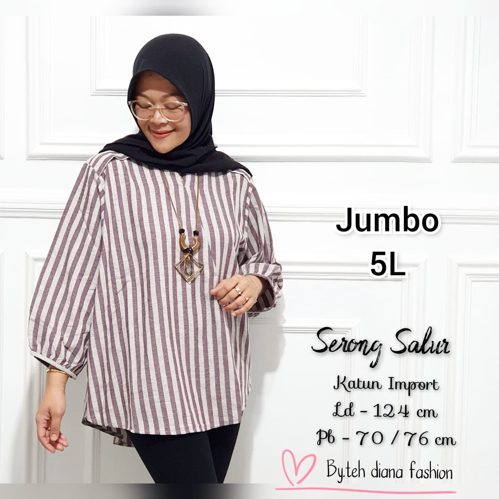 Atasan Wanita Jumbo / Blouse Wanita Jumbo / Baju Atasan Wanita Jumbo Serong Salur Import LD= 124 Cm-Lylac Salur Besar