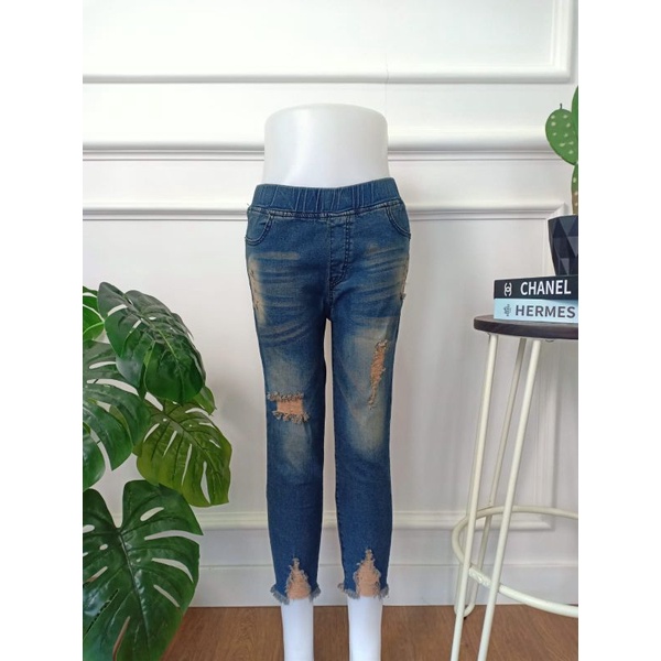 Jegging Leging Sobek Wanita Pinggang Karet Import 7/9 Lapis Tidak Tembus