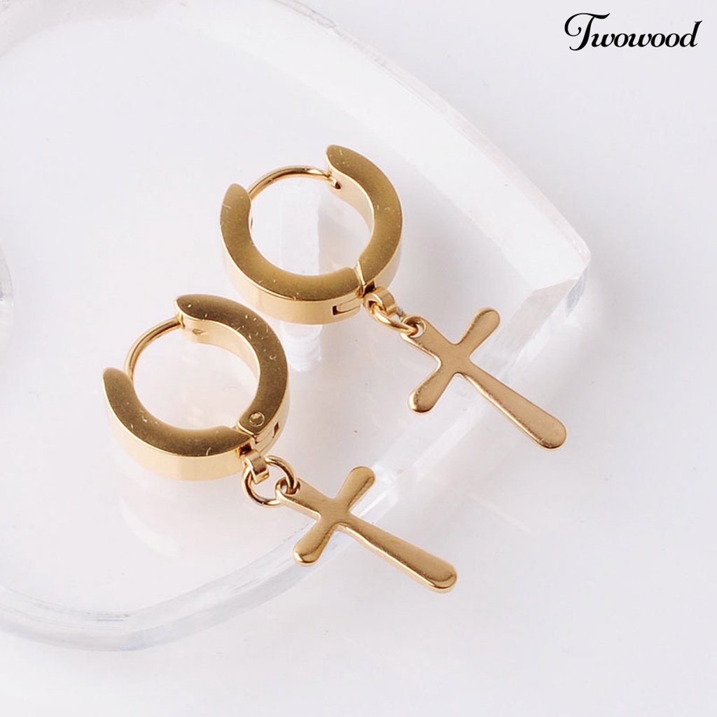 Twowood 1Pc Unisex Dangle Earring Cross Korean Style Stainless Steel Simple Bright Luster Hoop Earring for Daily Wear