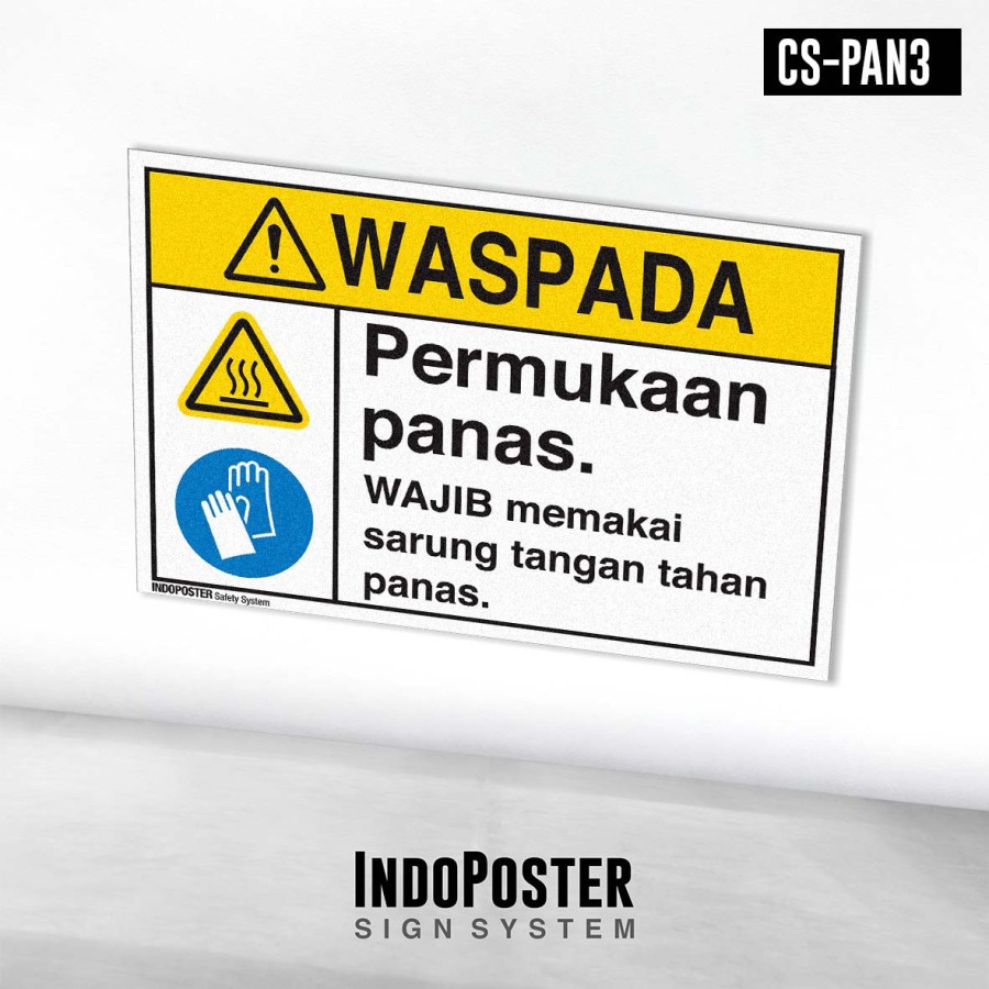 

Stiker Safety Sign Rambu K3 ANSI Waspada Permukaan Panas Wajib Sarung Tangan