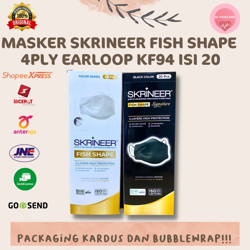masker SKRINEER KF94/ masker SKRINEER FISH SHAPE 4ply earloop WARNA PUTIH DAN HITAM ISI 20 PCS