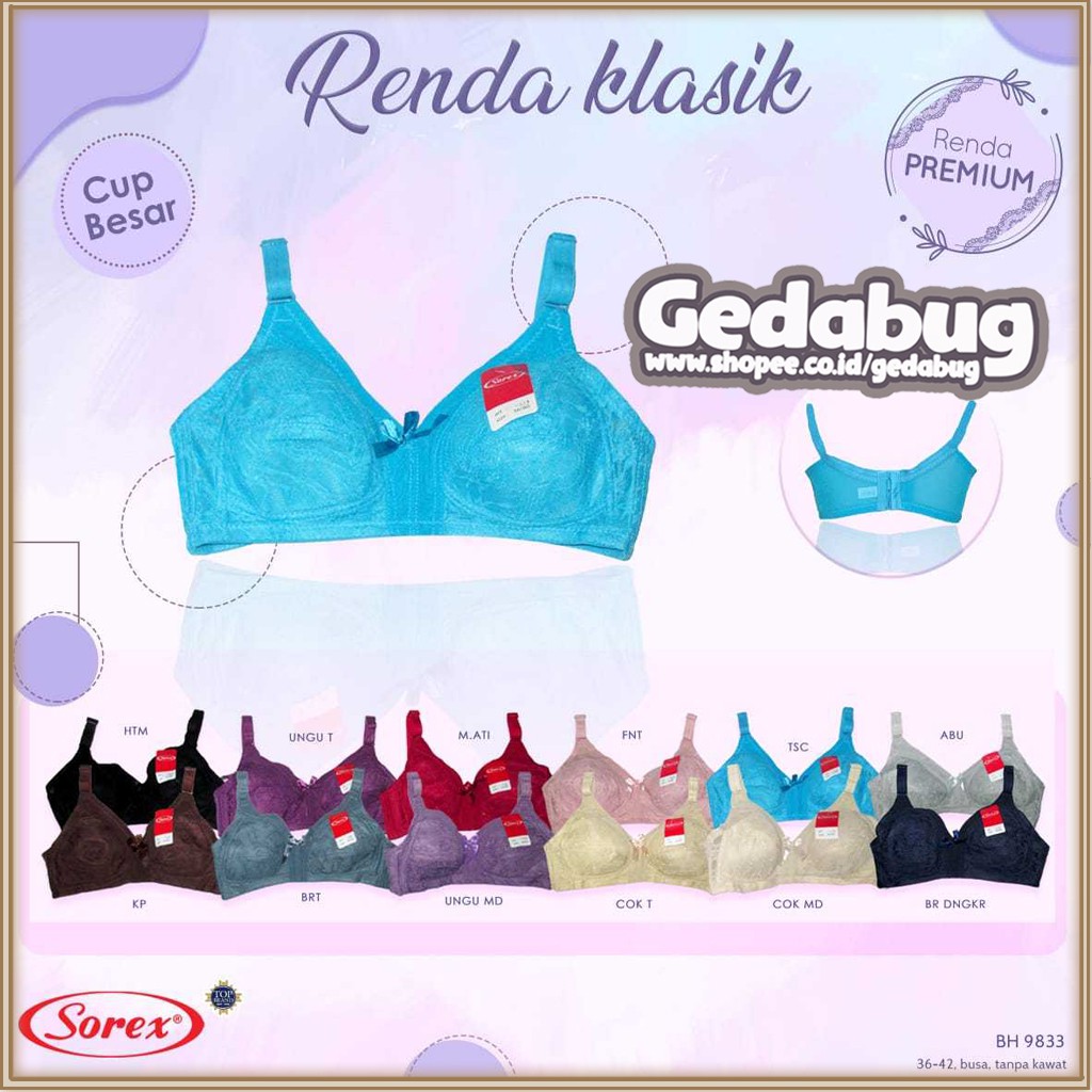 Bra BH Sorex 9833 Brukat Clasic | Bra wanita dewasa Busa sedang tanpa Kawat Kancing 3 Bing Cup | Gedabug