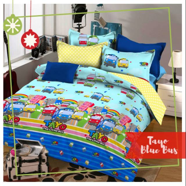 JUAL SPREI DAN BEDCOVER SET MOTIF TAYO BLUE BUS