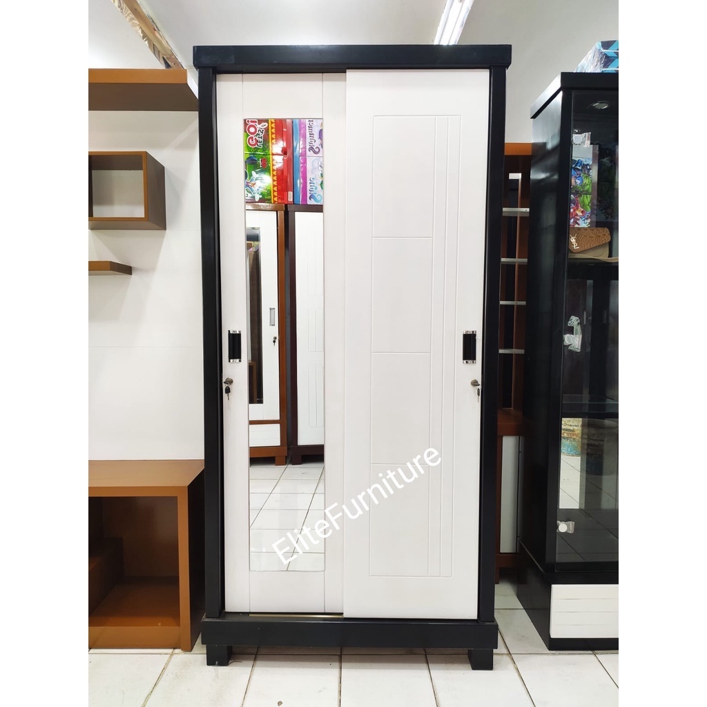 Lemari Pakaian 2Pintu / Lemari Pakaian Sleding / Lemari Baju Putih Lis Hitam sleding minimalis , Lem