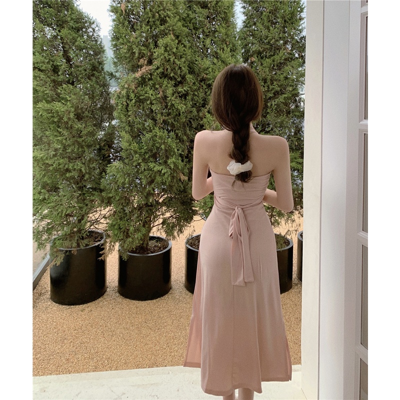 Suhao French halter dress rok v-neck lembut pink wanita dengan rok midi bagian bawah pinggul