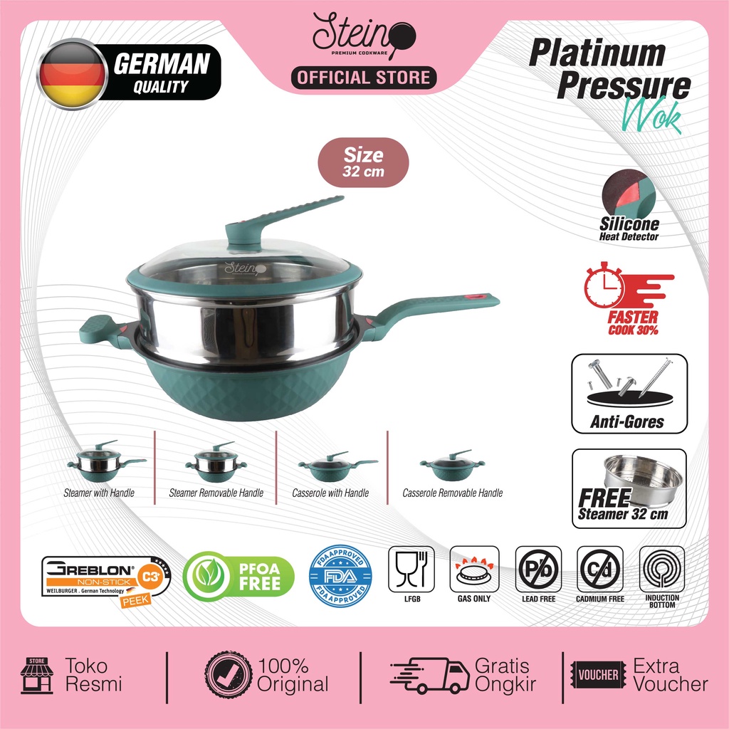 STEIN Wok Pan Platinum Pressure Cooker Marble Coating ANTI-BARET (2 pemakaian)